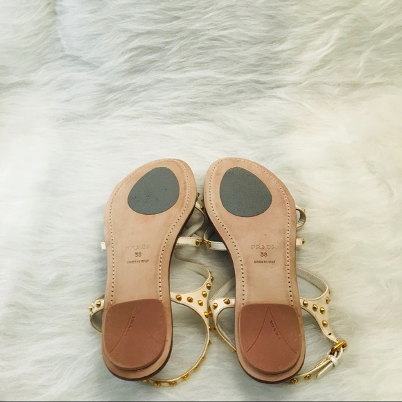 PRADA Strappy Flat Sandals White with Gold Studs - Picture 4 of 6